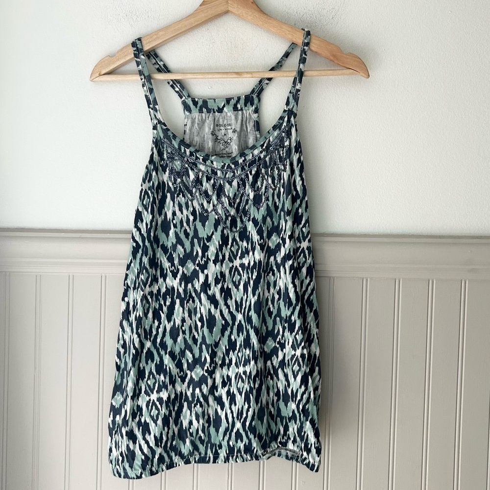 Y2K Sonoma Sequin Neckline Blue White Geometric Tank Top Medium